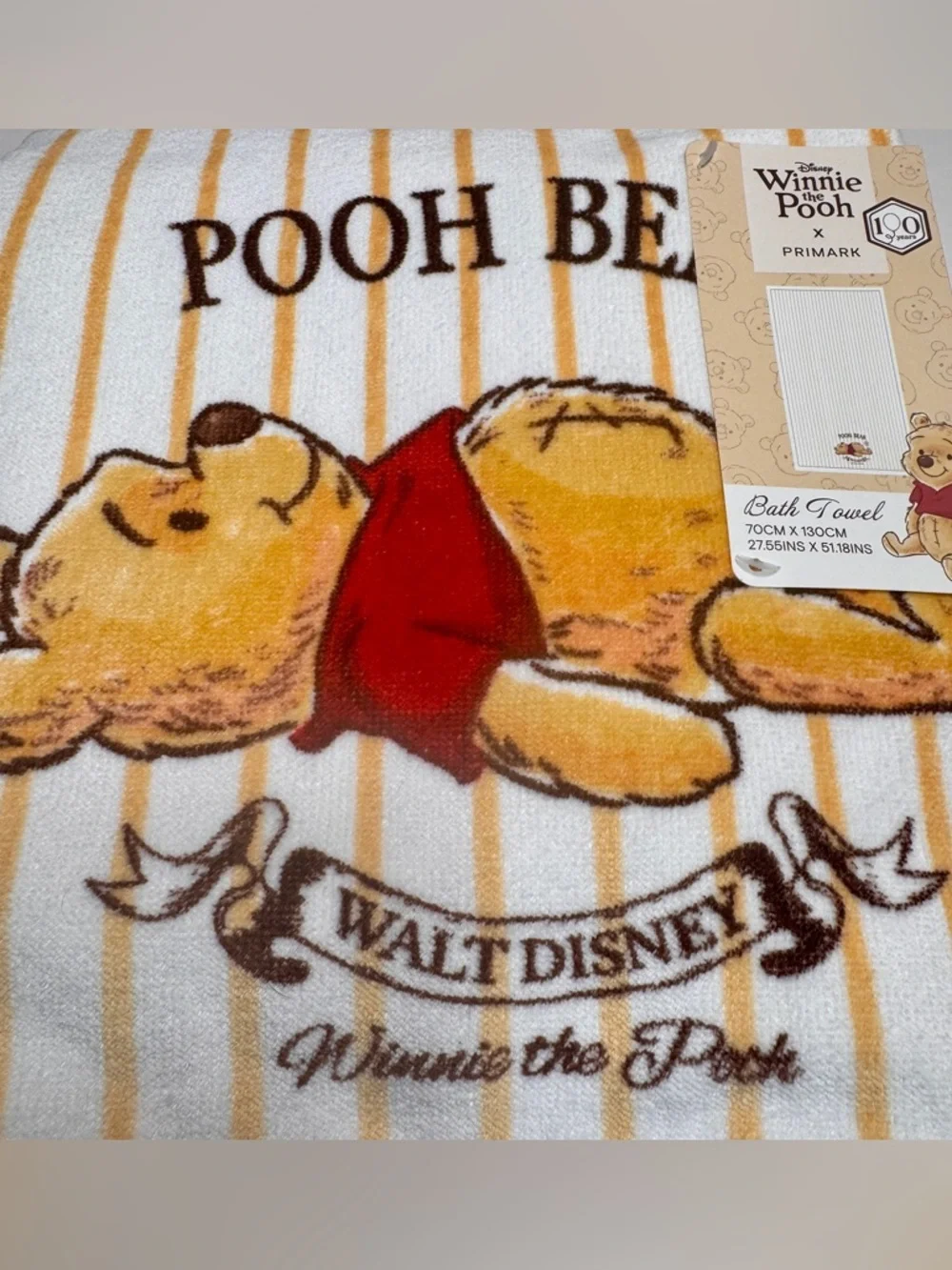 NWT Primark Disney Winnie the Pooh graphic bath towel. Yellow & white striped